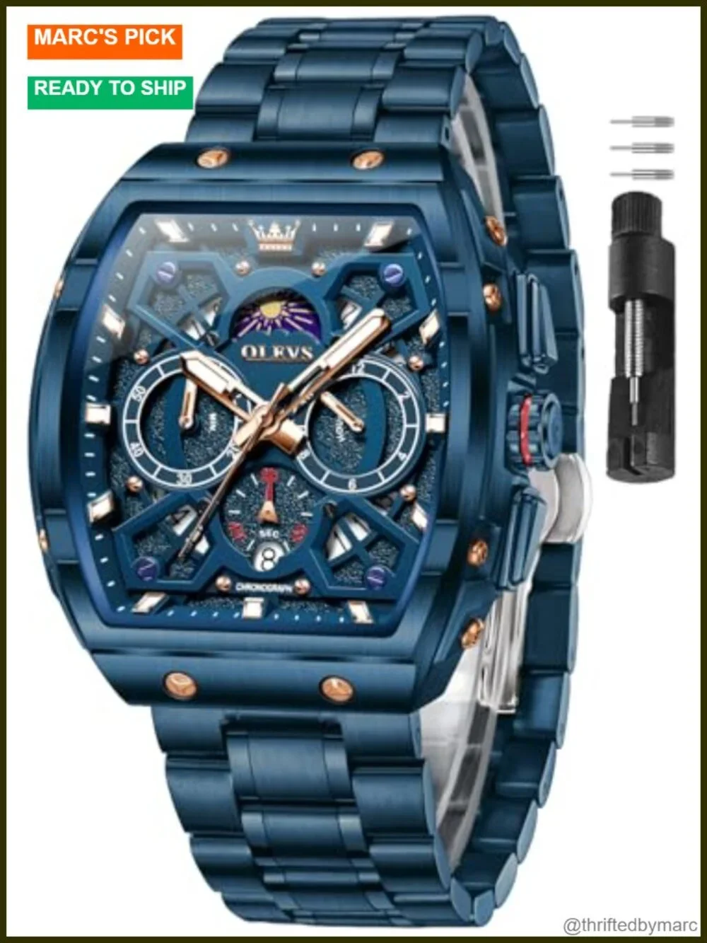 Luxury Stainless Steel Quartz Chronograph Watch Moon Phase 3ATM Waterproof